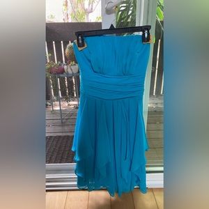 David’s Bridal Blue Strapless Chiffon Dress with Layered Skirt